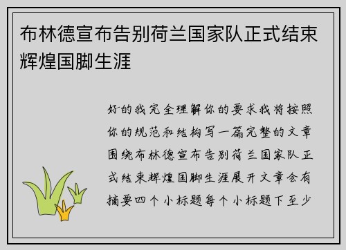 布林德宣布告别荷兰国家队正式结束辉煌国脚生涯